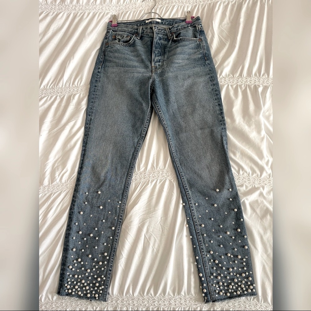 Cute and trendy Grlfrnd skinny jeans with pearls and diamonds embellished.